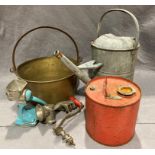 A brass jam pan, a galvanised watering can,