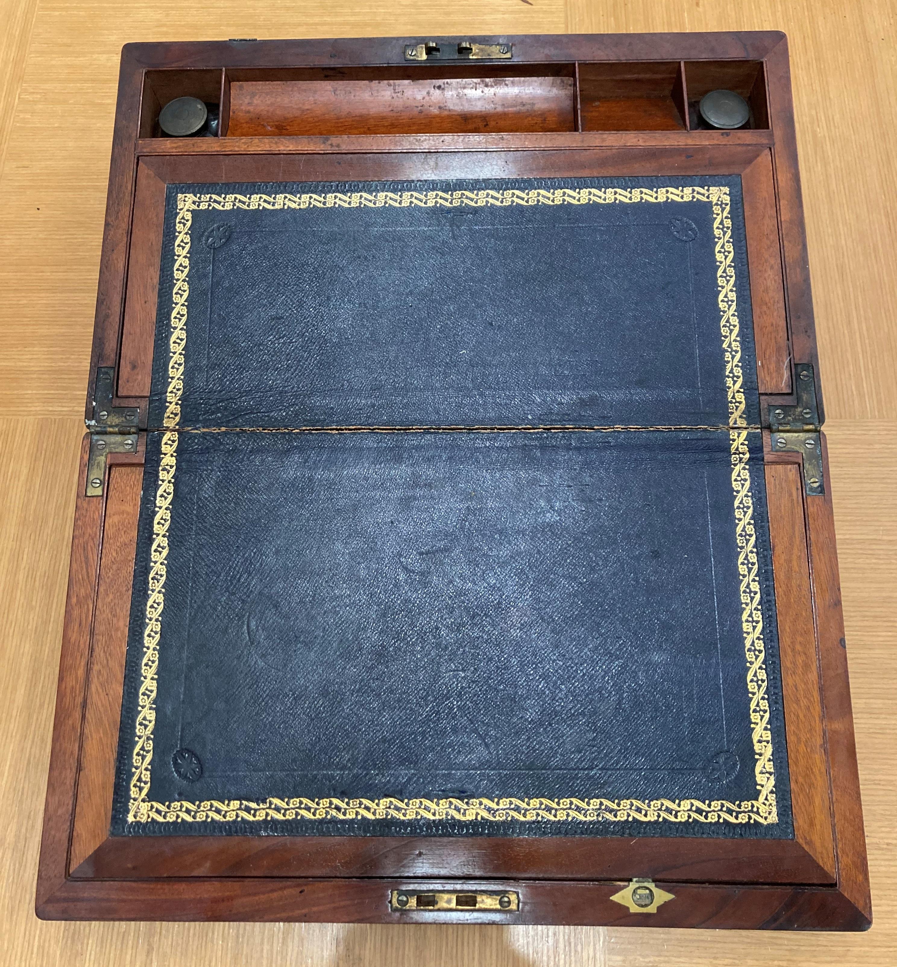 A Victorian walnut writing box with tooled leather writing slope and two inkwells 40 x 24 x 15cm - Image 2 of 2