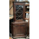 An oak two section corner cupboard with single glazed door over single door base,