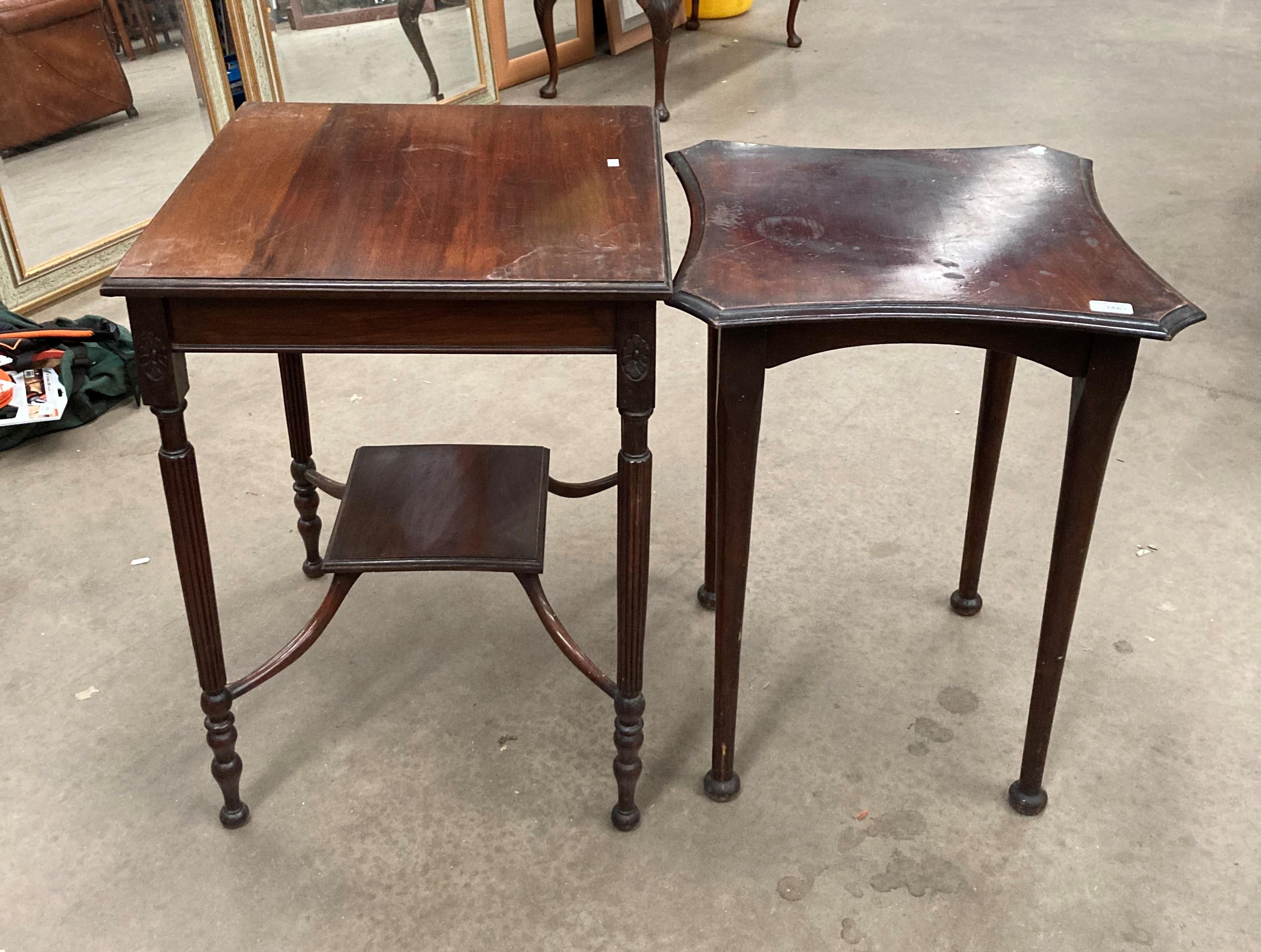 A mahogany square side table 54cm x 54cm with undertray and a mahogany shaped top side table 54cm x