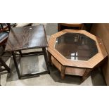 A wood octagonal coffee table with smoked glass centre and under tray 80cm and an oak table (2)