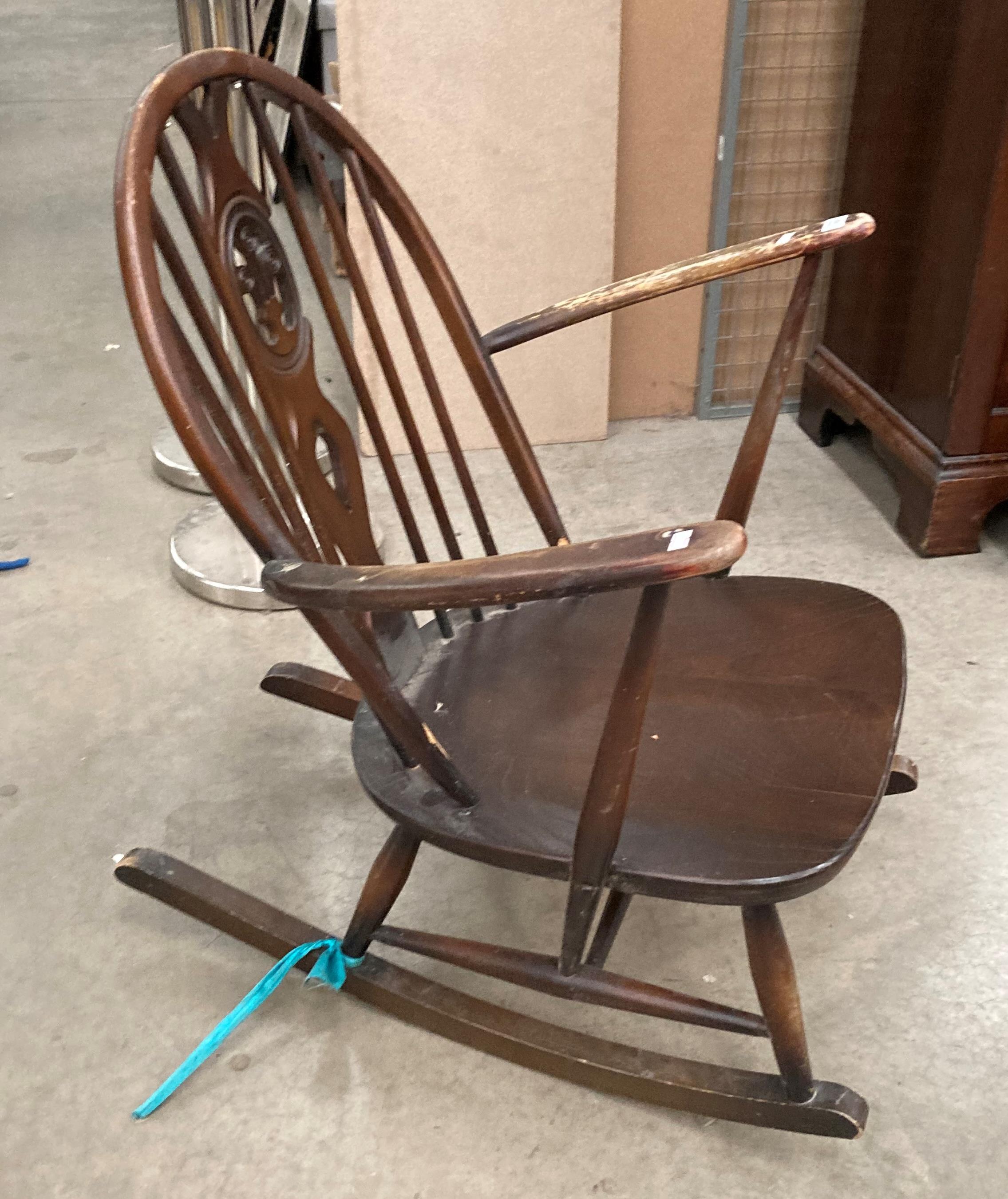 An Ercol medium wood rocking chair - repair to top rail and worn in places - Image 2 of 2