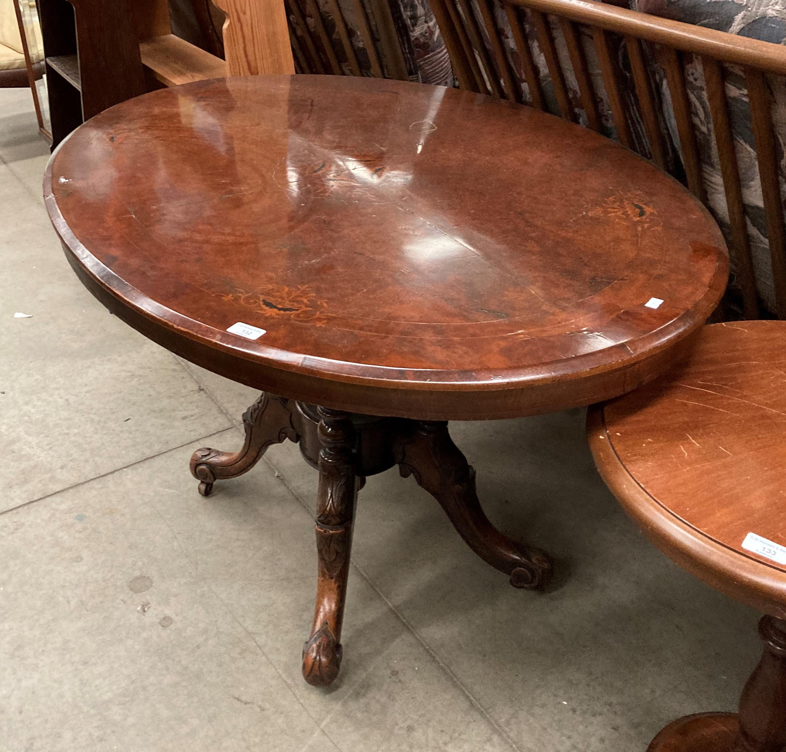 A Victorian walnut tilt top oval loo table with incised decoration to top 85cm x 120cm - Image 2 of 7