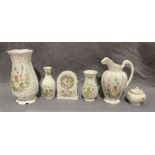 Six pieces of Aynsley Wild Tudor fine bone China - a tall vase, 27cm high and two others, jug,
