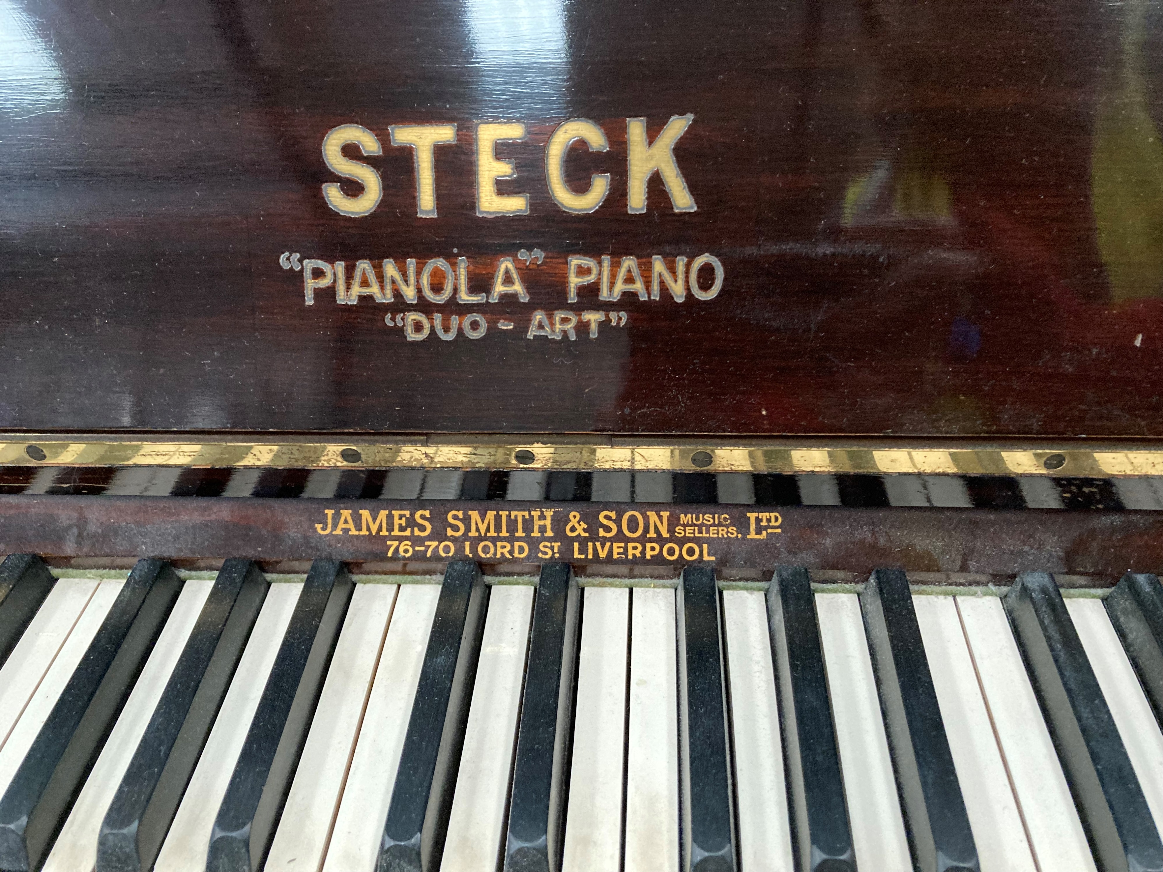A Steck mahogany cased iron framed 'Pianola Duo-Art' piano 140cm retailed by James Smith and Son, - Image 2 of 26