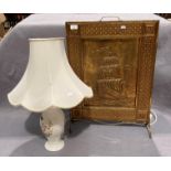 An Aynsley floral patterned fine bone China table lamp with shade and a brass fire screen (2)