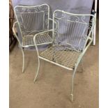 Two grey metal garden armchairs (one as seen)