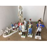 Nine items including figure of a lady by Porcelana Miguel 38cm high,