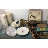 Thirty items including copper kettle, five old tins, carpet beater, pair of plated salts,