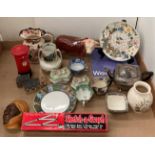 Contents to tray - Masons Mandalay jug, Melba bull, Harrods and Wedgwood plate, Old England ware,