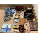 Contents to tray - a pair of Wood Abraham & Co three view binoculars, manicure sets, Wedgwood,