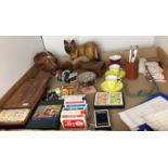 Twenty-five plus items including wooden - buffalo head, shelf cat, pair of terrapins,