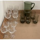 Seven pieces of smoked coloured glass 80's jug, six piece glass set,