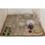 Contents to tray - assorted glassware and cut glass, assorted glasses, bowls, vases,