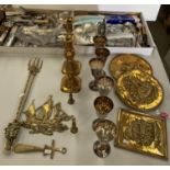 Two trays of assorted cutlery - EPNS, stainless steel and assorted brassware - candlesticks,