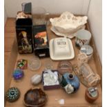 Contents to tray - Caithness vases, paper weights, Losolware exotic, Leeds pottery creamware,