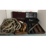 Plastic toolbox and old attaché case (damaged) with assorted tools, two section wooden tray,