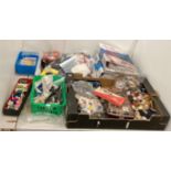 Contents to part of table - assorted sewing accessories, reels of cotton thread, scissors, needles,