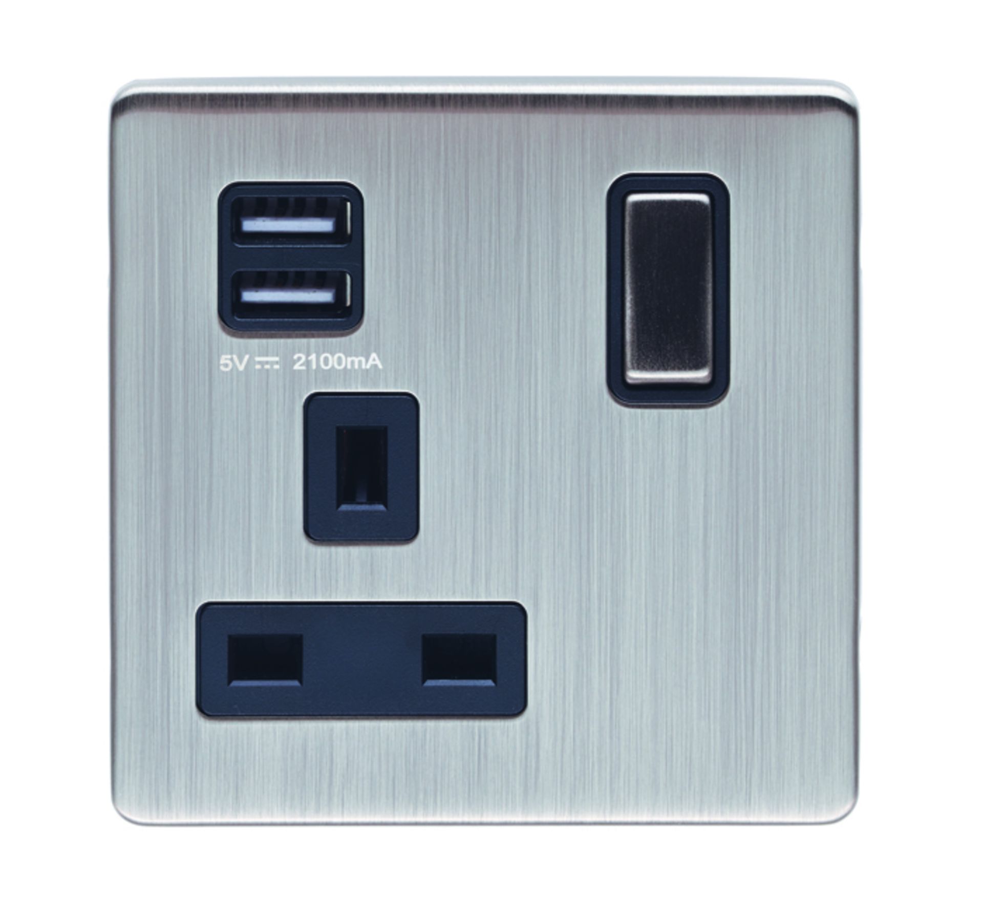 50 x Eurolite Concealed 6mm Satin Nickel Plate 1 gang 13amp switched plug sockets with twin 2.