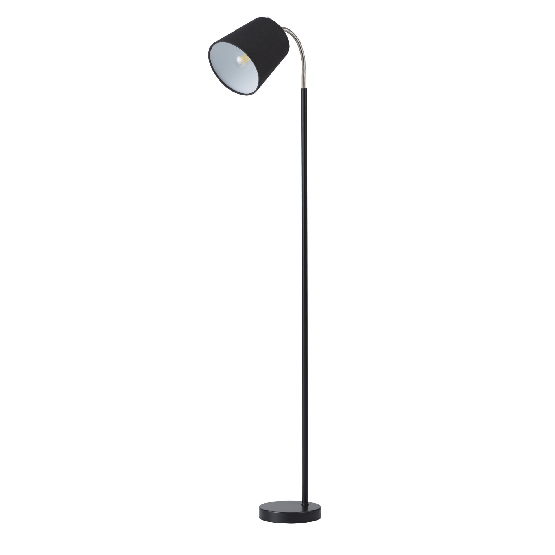BRAND NEW BLACK METAL FLEXI HEAD FLOOR LAMP COMPLETE WITH FABRIC SHADE, 142CM HIGH. 40W.