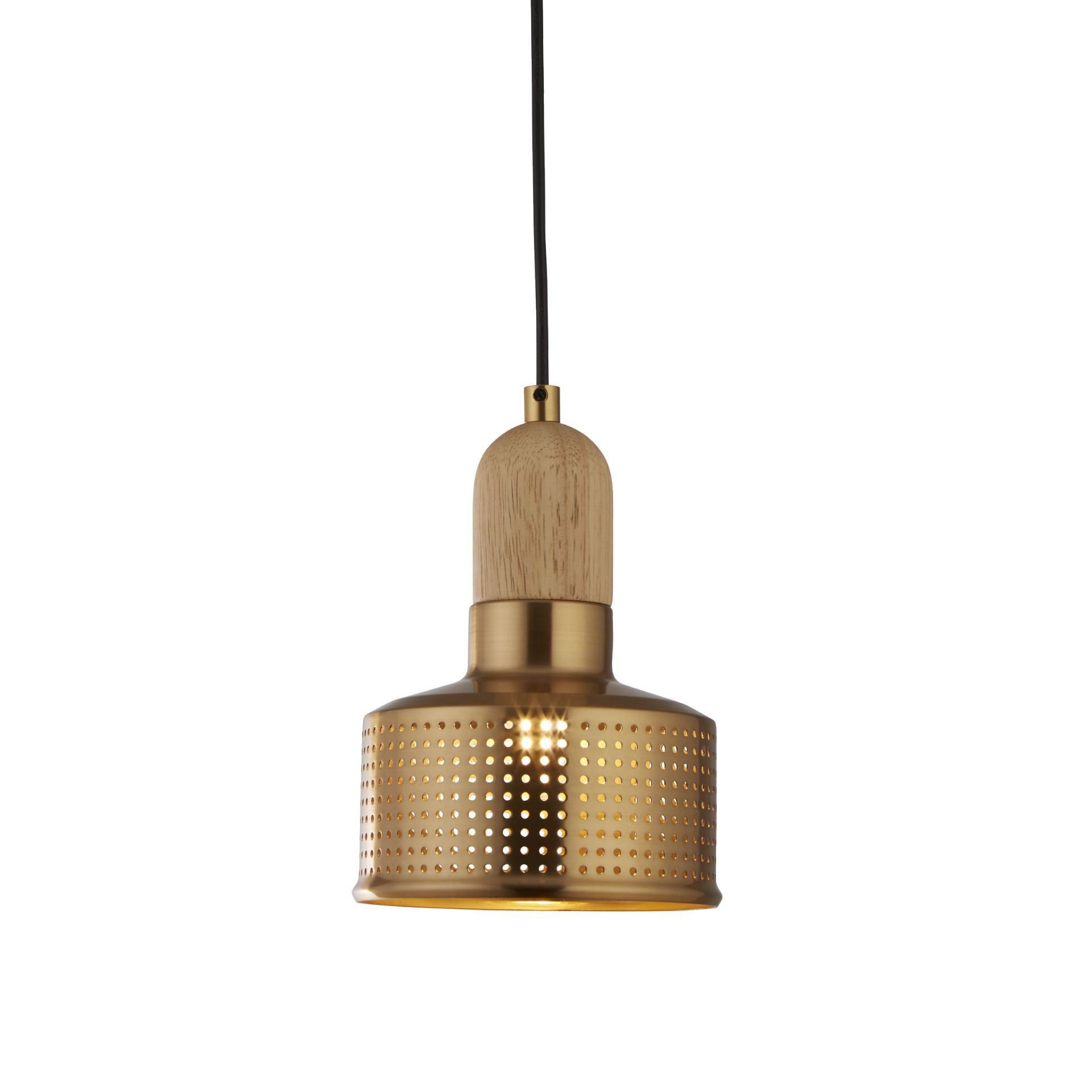 BRAND NEW GOLD PERFORATED PENDANT WITH WOOD CONE.