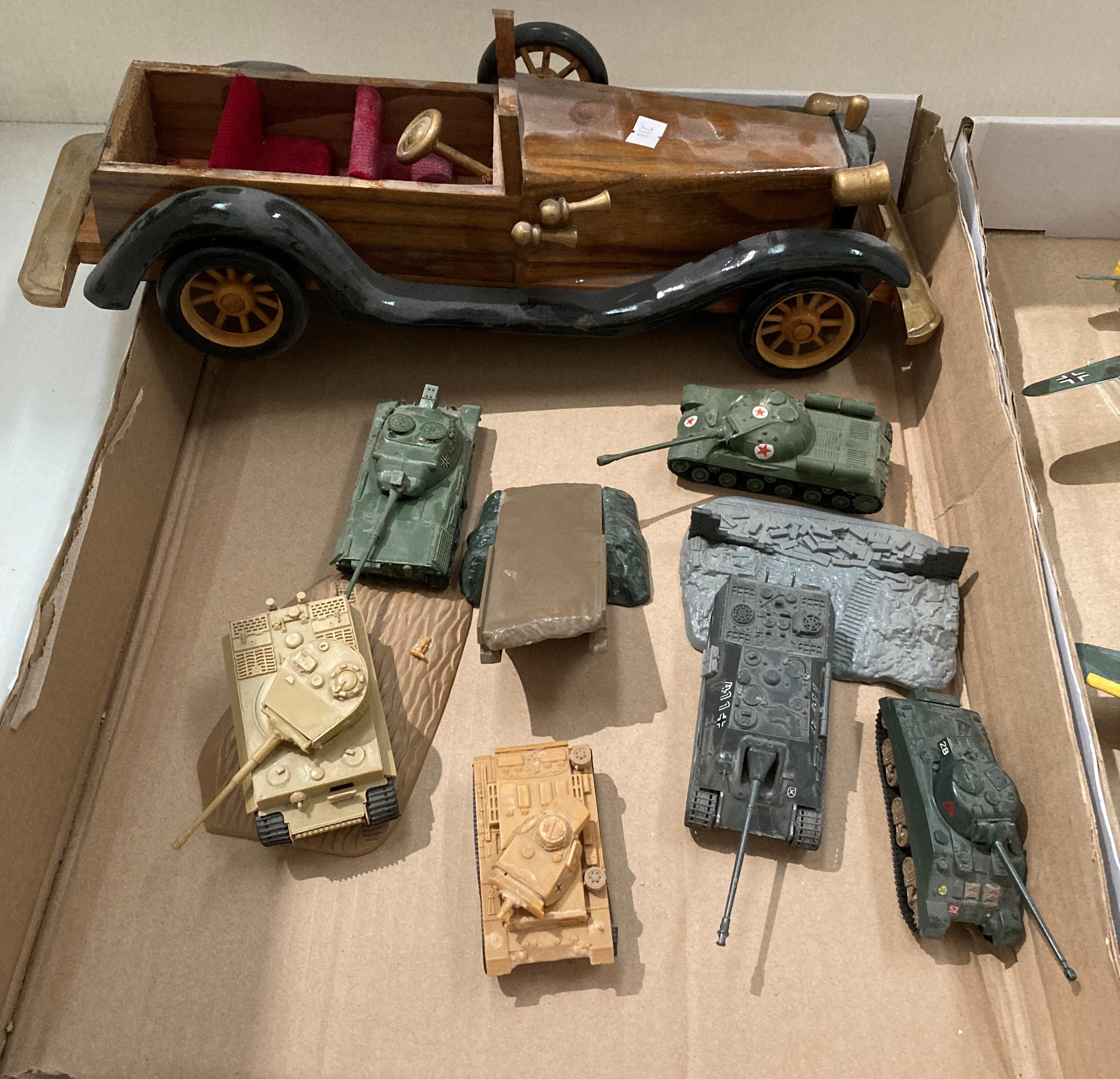 Contents to two trays - six assorted model plastic tanks, a wooden model car, - Image 2 of 3