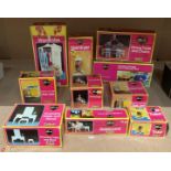 Ten assorted boxed "Sindy" Pedigree furniture pieces including dining table and chairs, toilet,