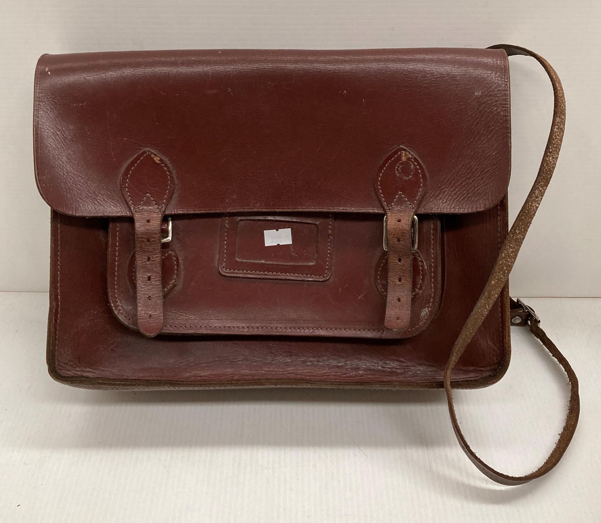 Brown leather school satchel - writing to inside (S1 QA03)