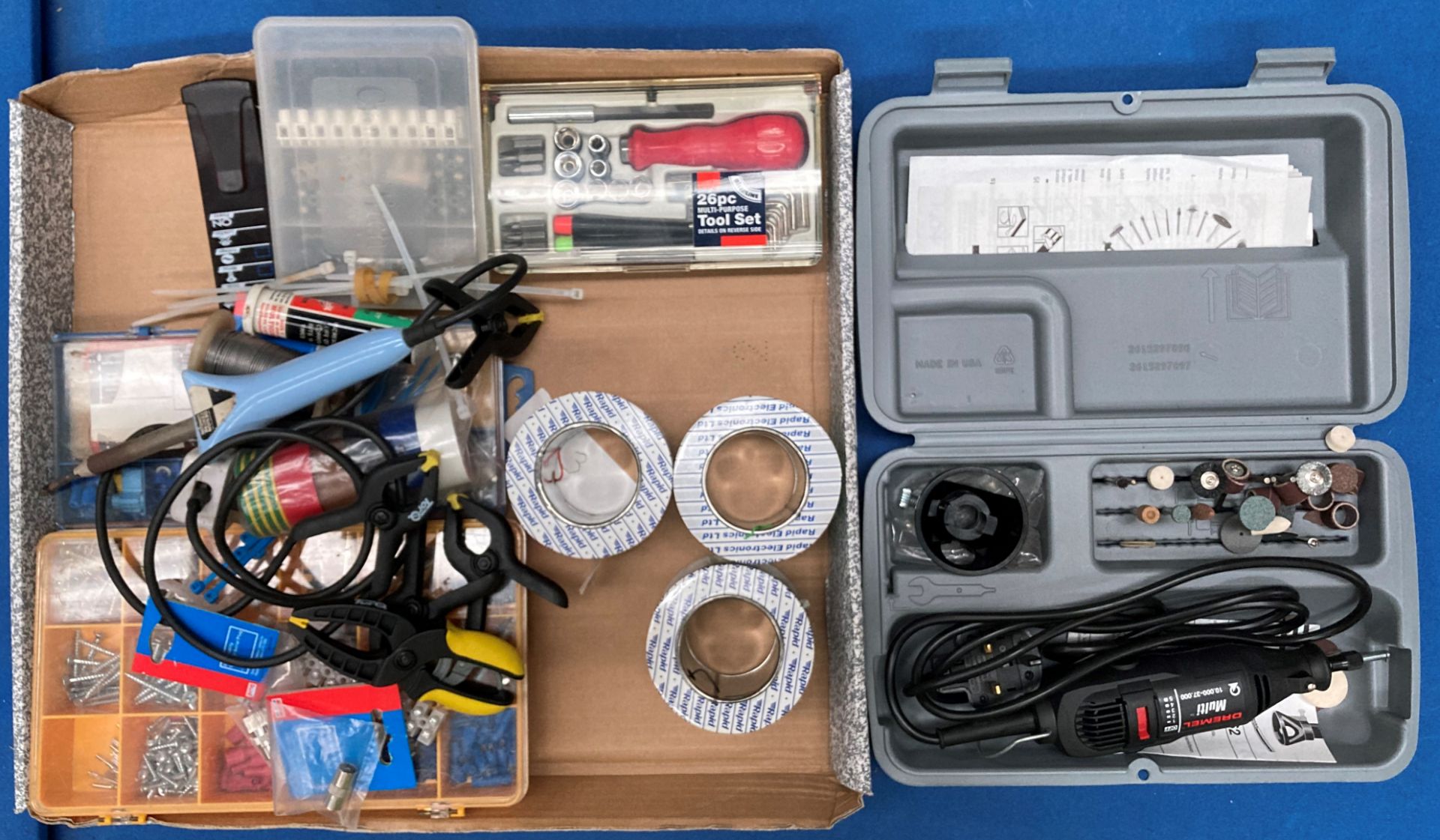 Contents to tray - model makers tools and accessories including a Dremel multi drill with