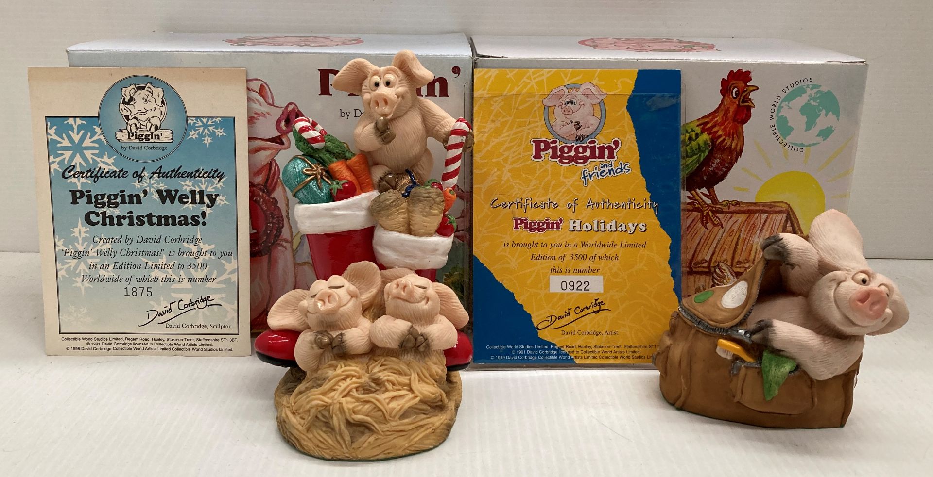 Two assorted Limited Edition "Piggin" collectable boxed figures including member only special