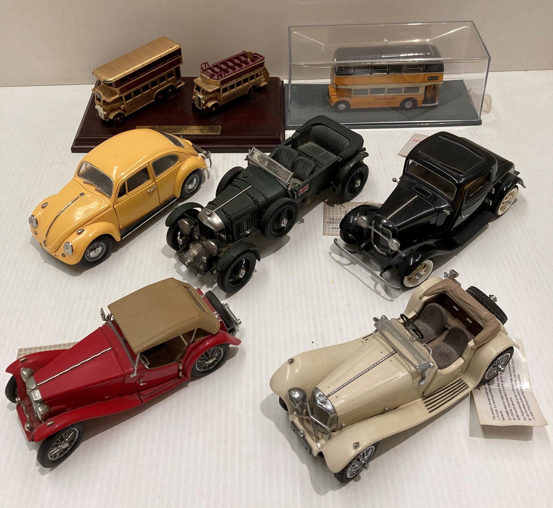 Five assorted Franklin Mint Precision models - 1929 Bentley, 1938 Jag SS-100, 1948 MG TC,