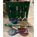 Five assorted Badminton racquets and three assorted tennis racquets,