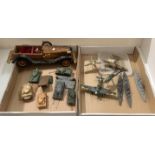 Contents to two trays - six assorted model plastic tanks, a wooden model car,