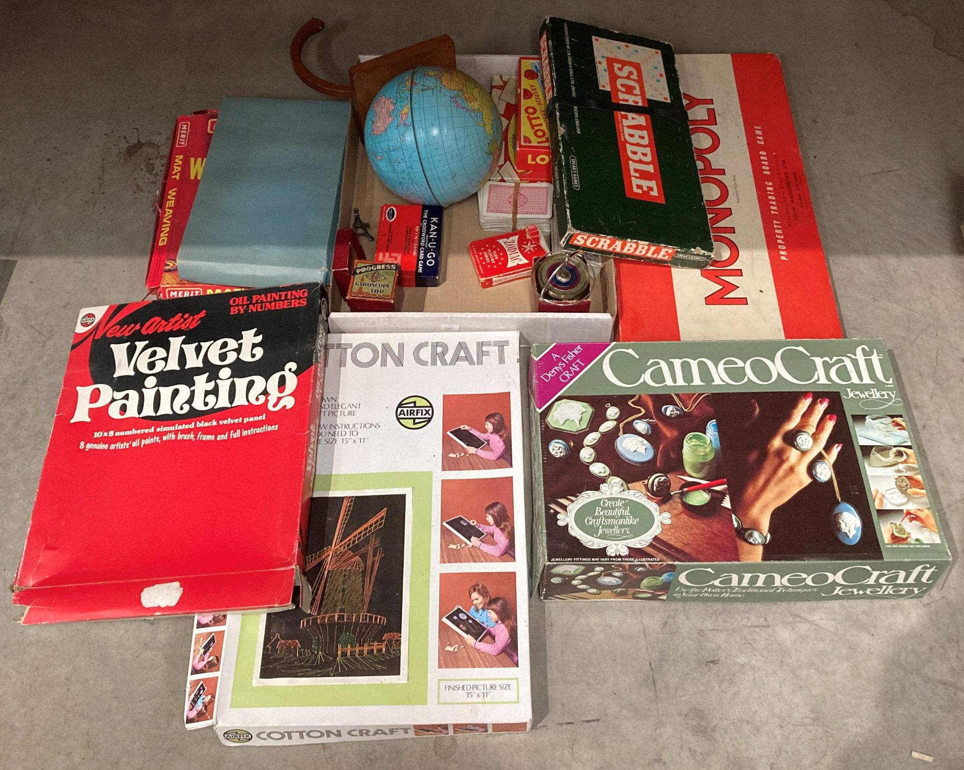 Three assorted craft sets - Cameo craft, Cotton craft, Velvet painting, Scrabble and Monopoly games,