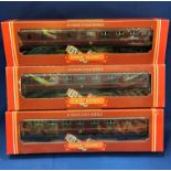 Three Hornby Railways "OO" gauge coaches R.475 LMS Brake 3rd coach (Crimson Lake), two R.