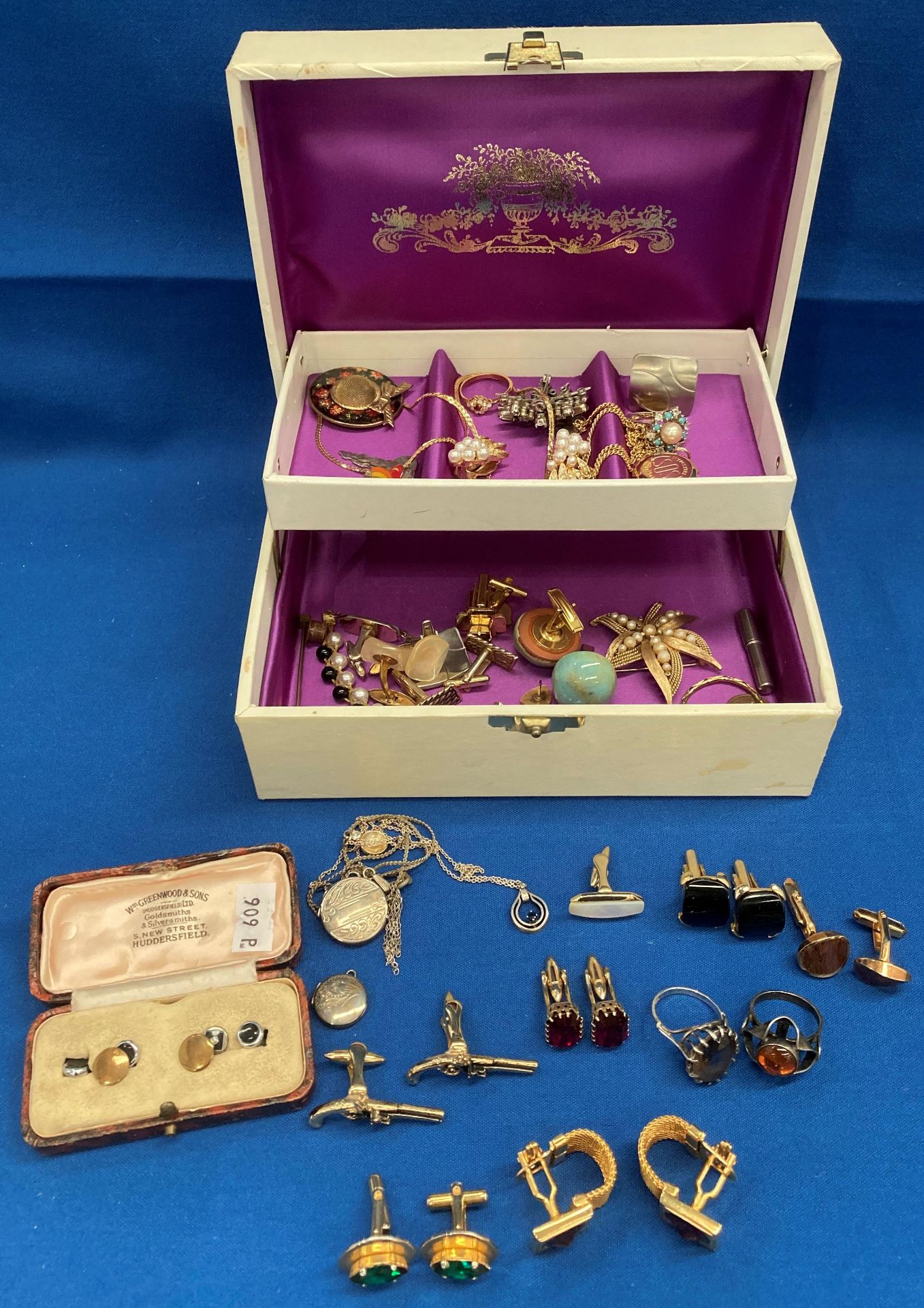 Jewellery box and contents - two silver lockets, a silver chain and pendant with stone,