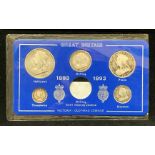 A Great Britain 1893 packaged Queen Victoria old head coin set - lacks a shilling, 5 coins in total.