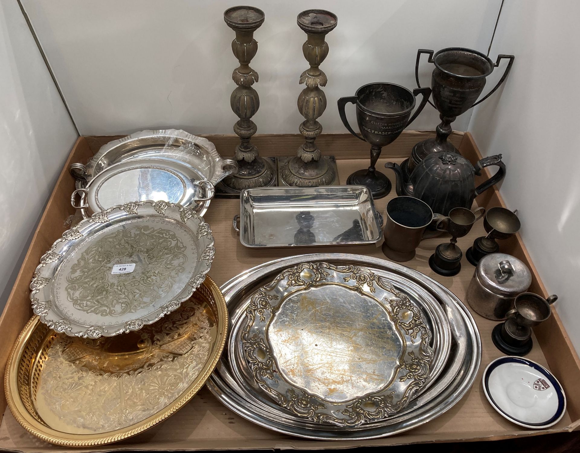 Contents to tray - assorted silver plated items including trays, trophies,