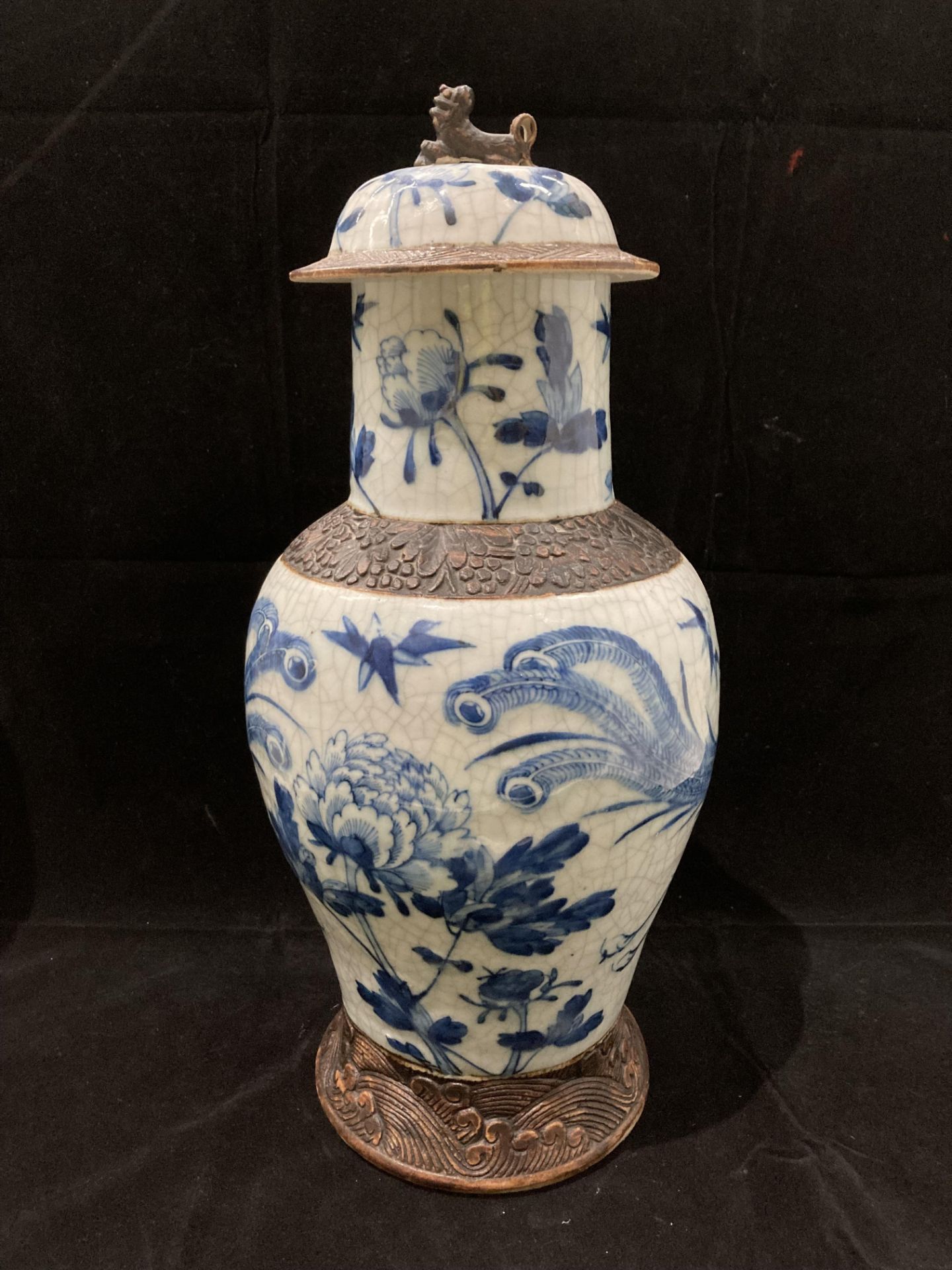 A Chinese blue and white crackle wave vase and cover, 45cm high - damage to handle and rim of cover,