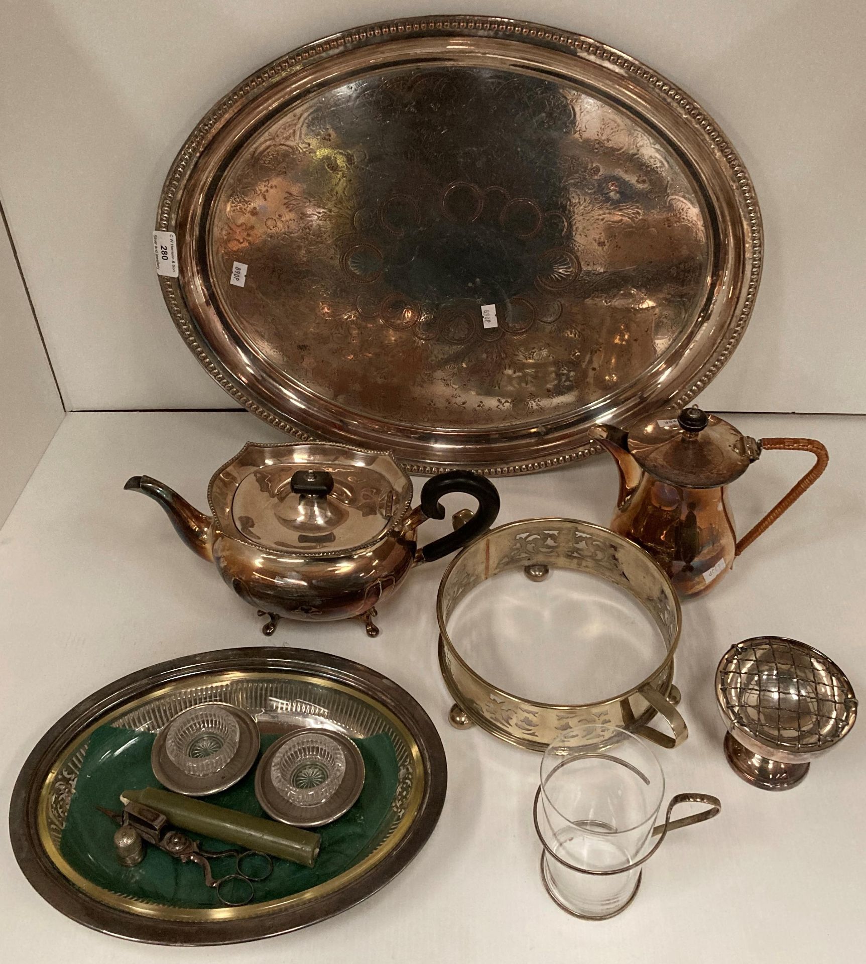 Oval EPNS tray, a EPNS tea and coffee pot and a glass oval dish with EPNS surround,