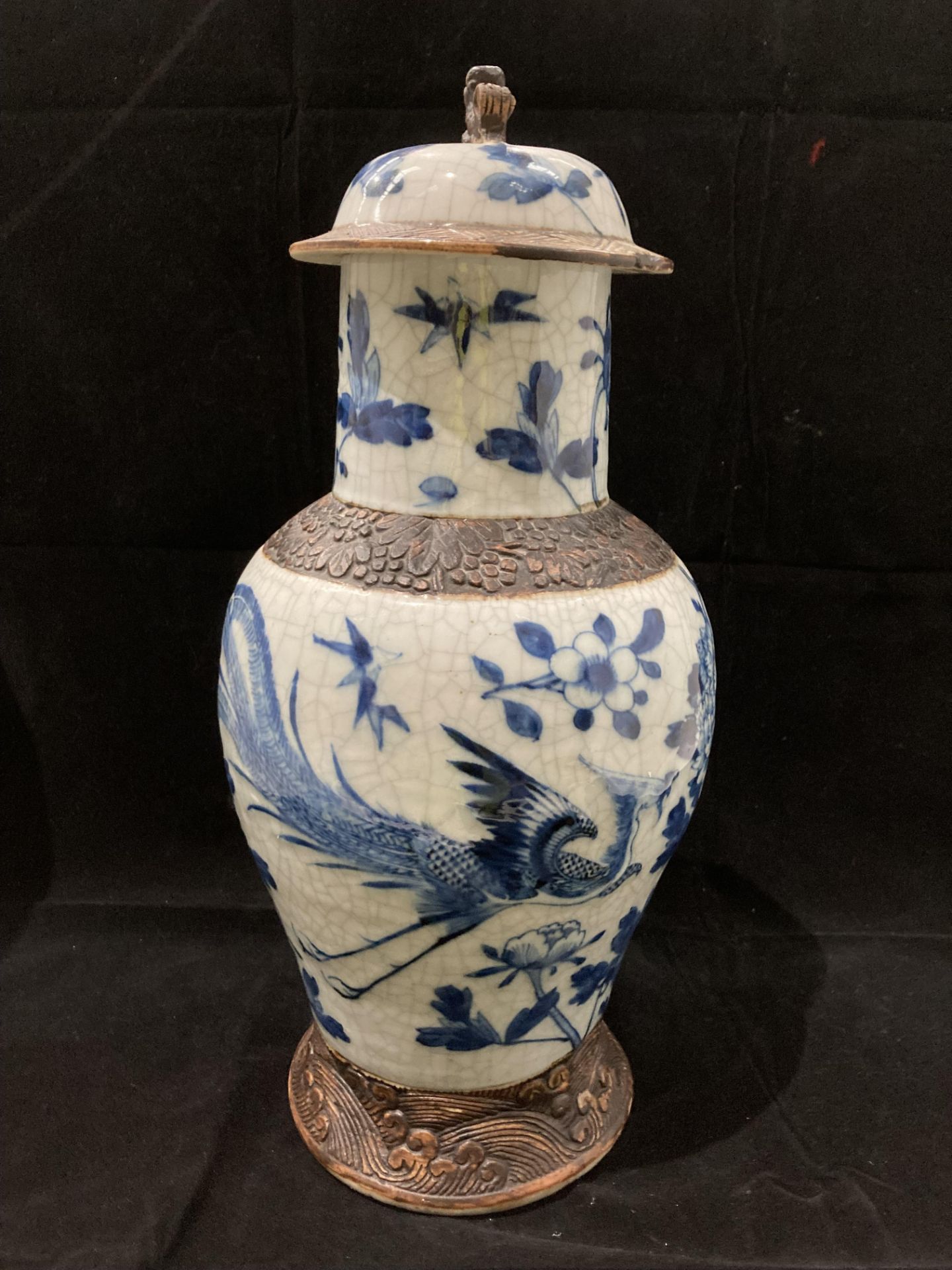 A Chinese blue and white crackle wave vase and cover, 45cm high - damage to handle and rim of cover, - Image 2 of 5