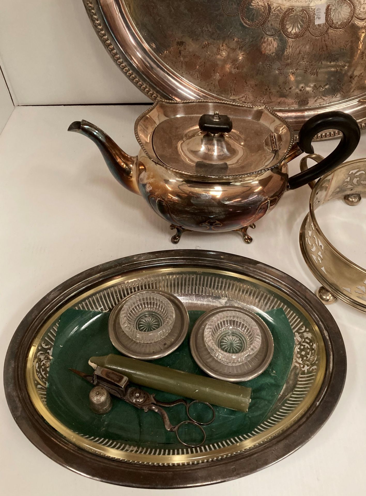 Oval EPNS tray, a EPNS tea and coffee pot and a glass oval dish with EPNS surround, - Image 2 of 3