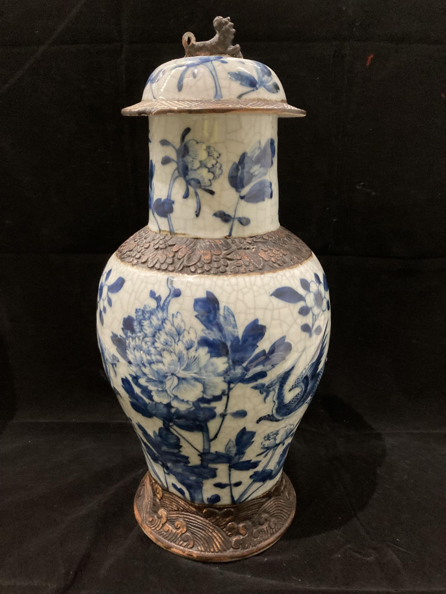 A Chinese blue and white crackle wave vase and cover, 45cm high - damage to handle and rim of cover, - Image 3 of 5