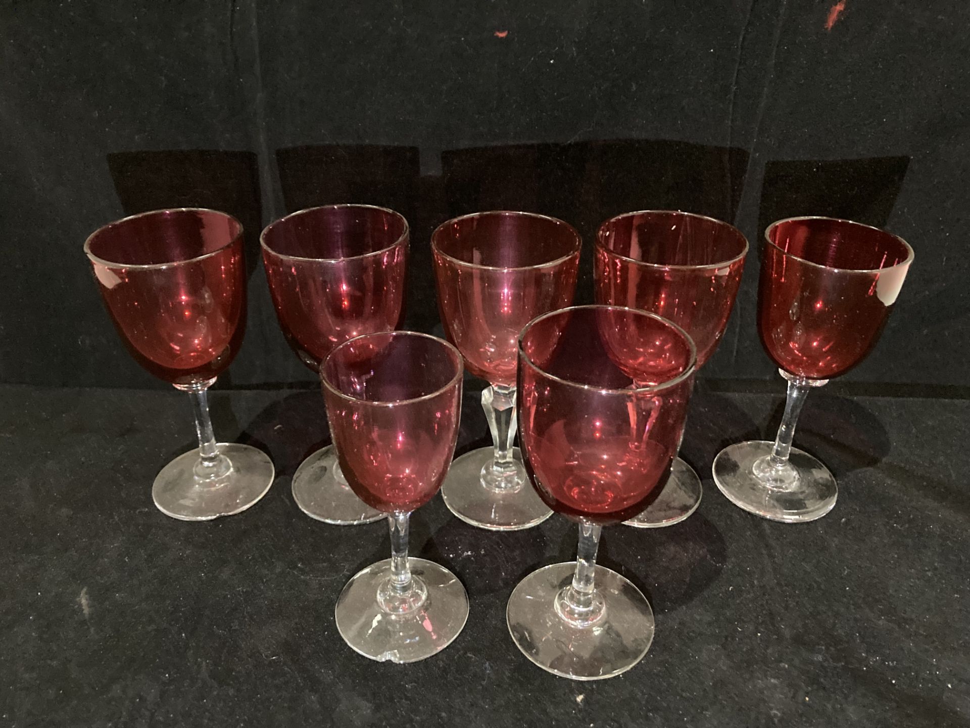 Two cranberry wine glasses with cut glass stems, - Image 3 of 3