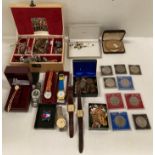 Contents to tray and jewellery box - costume jewellery, seven watches by Rotary, Sekonda, Renault,