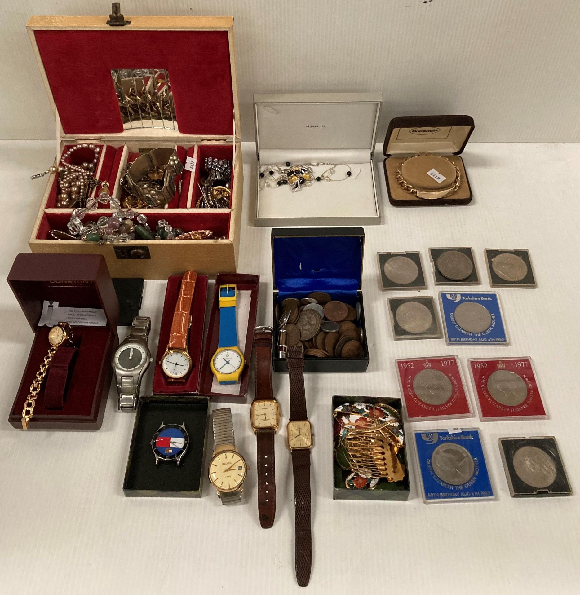 Contents to tray and jewellery box - costume jewellery, seven watches by Rotary, Sekonda, Renault,