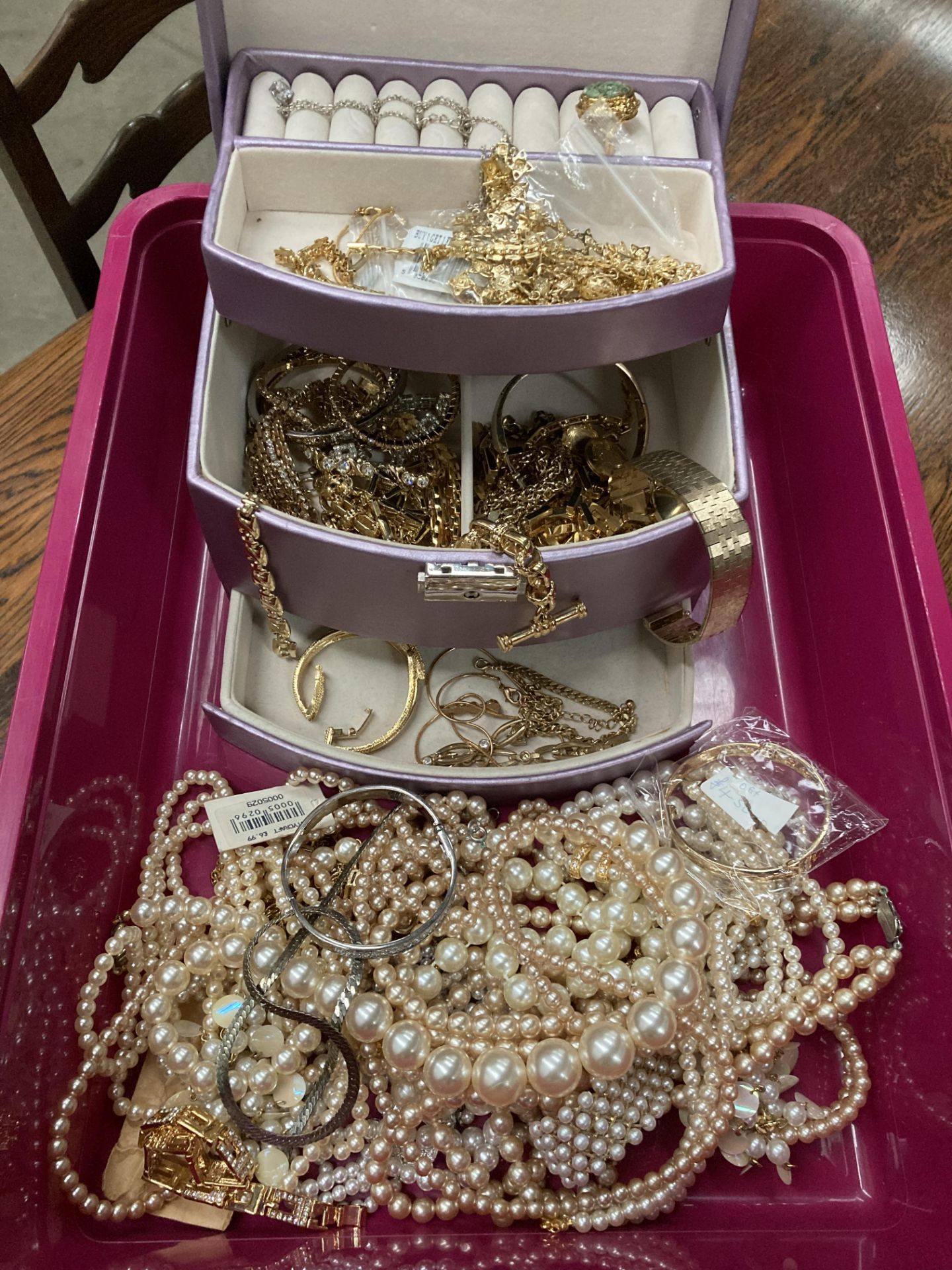 Contents to plastic tray - a quantity of costume jewellery including a purple jewellery box, - Image 2 of 2