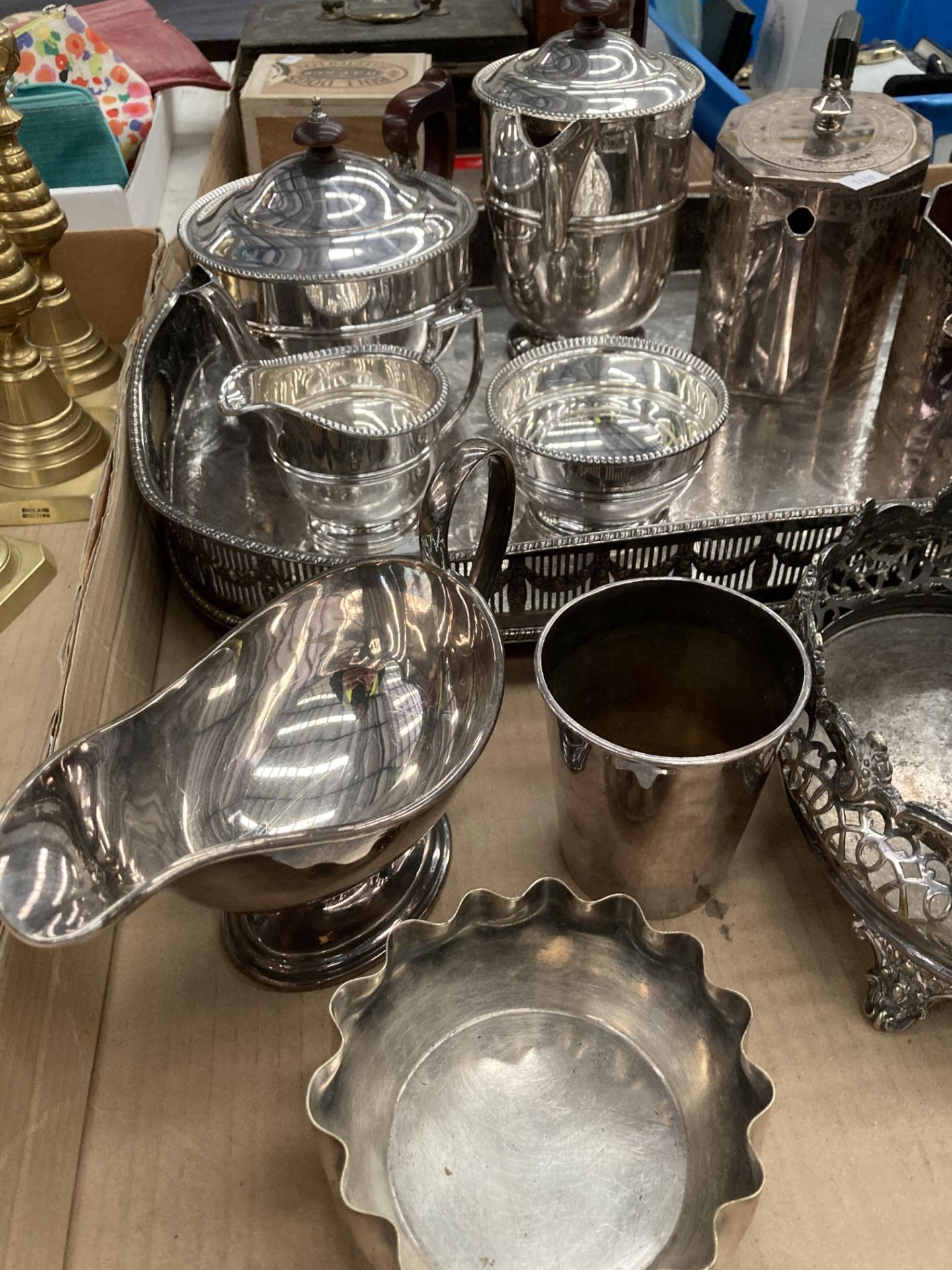 Contents to part of tray - various plated tea and coffee pots, pierced gallery tray, sauce boat, - Image 2 of 4