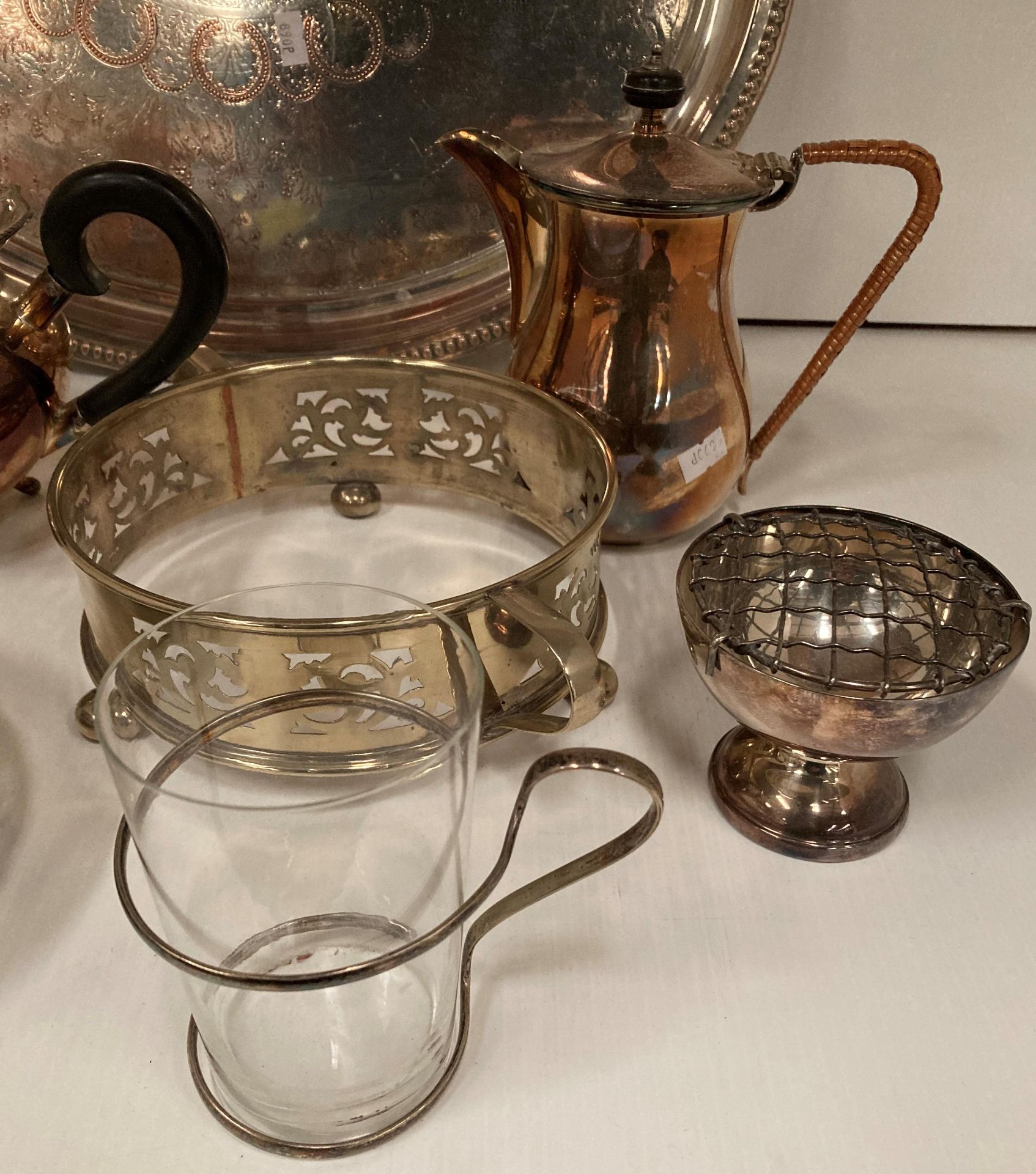 Oval EPNS tray, a EPNS tea and coffee pot and a glass oval dish with EPNS surround, - Image 3 of 3