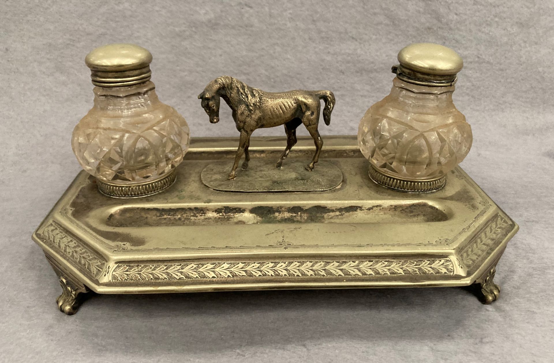 A plated Equine ink stand and pen tray with two glass ink bottles 28cm x 20cm - Image 2 of 2